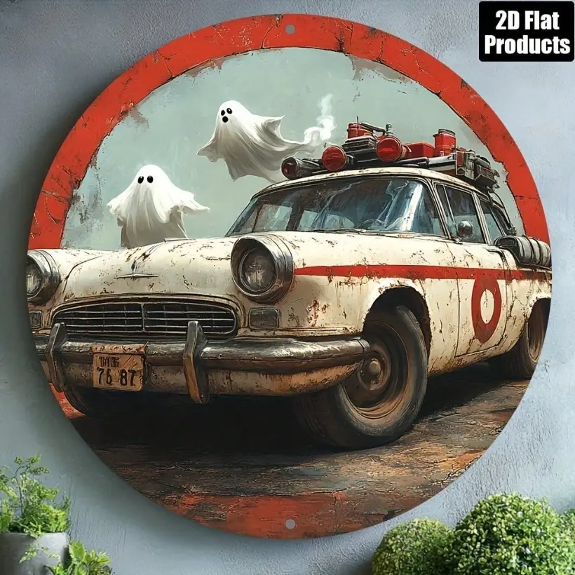Vintage Aluminum Wall Art Sign 8 Inch ECTO-1 Ghostbusters Car Inspired Home Bar Cafe Decor Holiday Gift Plaque