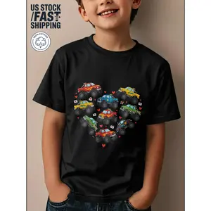 Boys Valentines Day T-Shirt | Monster Truck Heart Design, Cute Holiday School Outfit, Gift For Kids, Breathable Soft 100, Graphic Tee, Comfortable And Casual, Round Neck, Short Sleeved