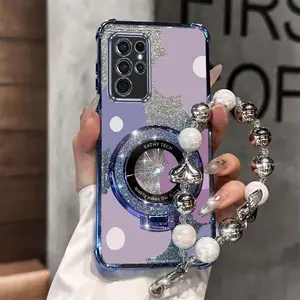 Pearl Strap Lanyard S23 Ultra Shockproof Protective Transparent Magnetic Glitter Phone Holder Protector Case Compatible With for Samsung Galaxy S23 Ultra Large Purple Flowers Case Cover for Popular