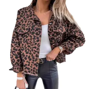 PNORATM Women's Leopard Print Denim Jacket Long Sleeve Animal Printed Raw Hem Button Down Cropped Jean Coat Outerwear