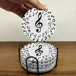 6-piece ceramic coaster set, featuring a black and white illustration of rotating musical notes and major key notes. Heat-resistant, non-slip coasters with holders, perfect for home, dining, and as beverage mats.