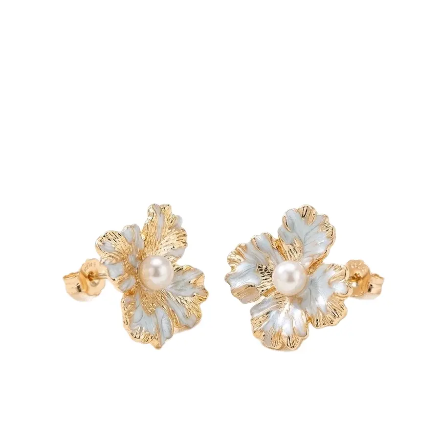 Gold Plated Pearl Stud Earrings, Light Blue Enamel Flower Earrings