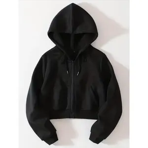 Thermal Lined Crop Hoodie with Pockets for Daily Wear - Women's Casual Solid Drawstring Zip Up for Fall & Winter Fabric Sleeve
