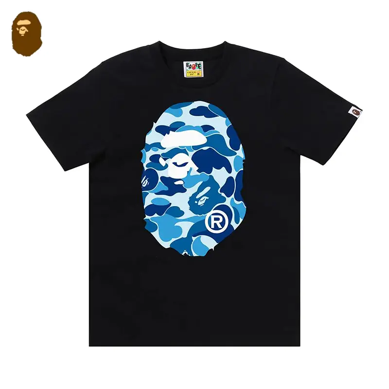 BAPE ABC Camo Big Ape Head Tee FW25 100% Cotton Black Graphic T-Shirt Blue Camo Ape Head Streetwear Crew Neck Short Sleeve Japanese Street Fashion Tee Classic Menswear