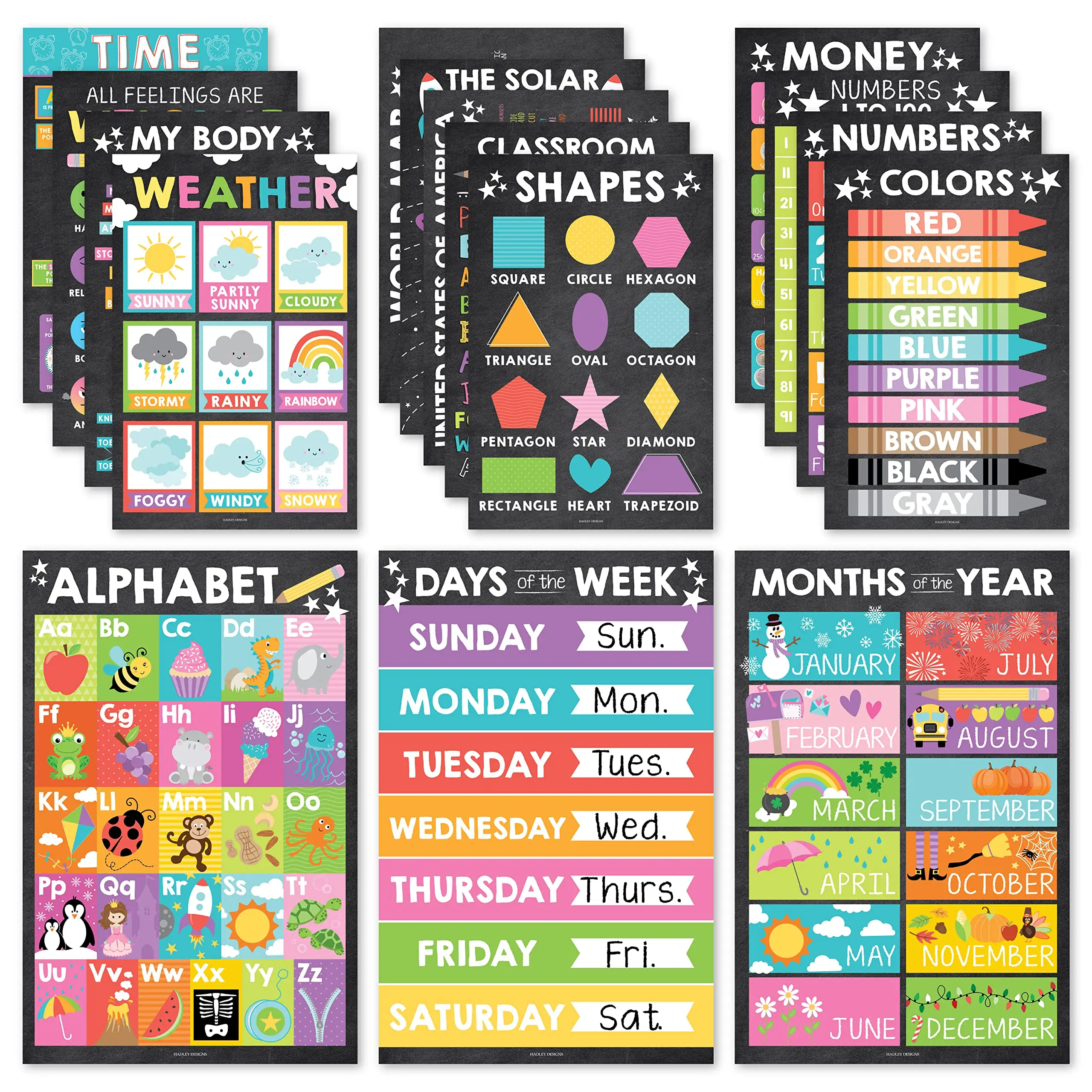 16 Educational Posters for Classroom & Kindergarten, Kindergarten Classroom Must Haves, Laminated PreK Learning Chart Materials US & World Map, ABC Al