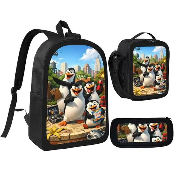 Penguins theme 3 Piece School Backpack Set for Kids, Backpack with Lunch Bag & Pencil Pouch, Durable Student Bookbag for School Boys Girls, Daily Travel and School Essentials