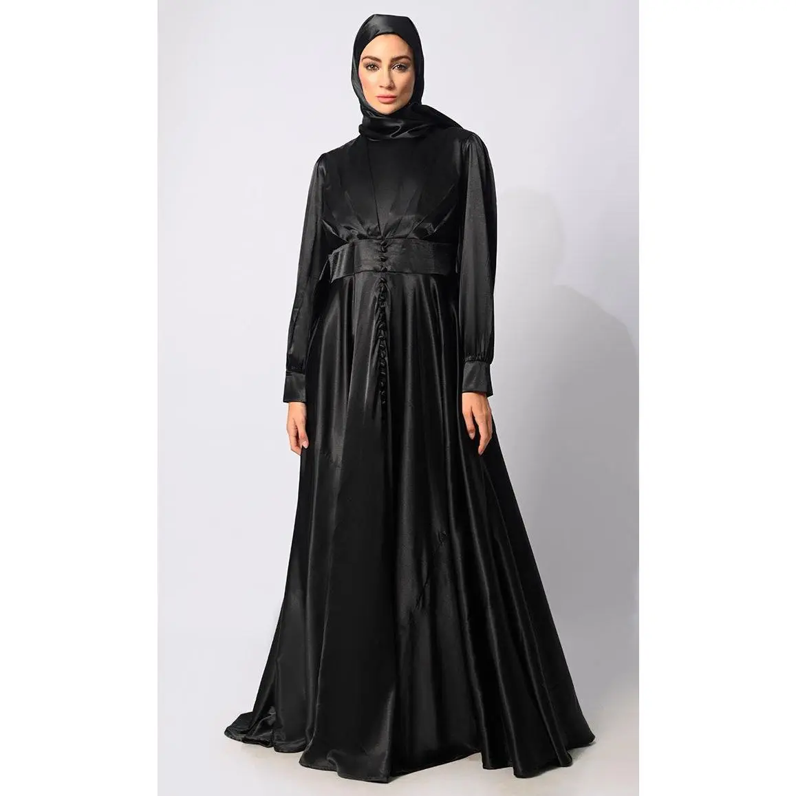 Black Satin Flared Abaya with decorative buttons