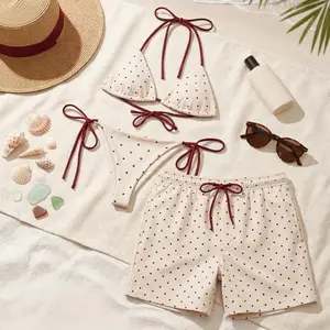 Red Polka Dot Couples Swimsuit Set – Women’s Triangle String Bikini & Men’s Matching Swim MESH Shorts, Romantic Beachwear Outfit