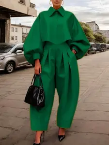 Women's Casual Fashion Plain Long Sleeve Top and Loose Pants Set, Elegant Two-Piece for All Seasons, Perfect for Daily Wear