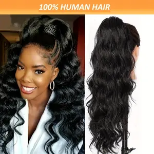 100% Human Hair Drawstring Ponytail Extension with Clips - Loose Wave, Natural Black for Women, High-Quality Curly Wrap Ponytail, Elegant Style, Perfect for African American Hair Texture