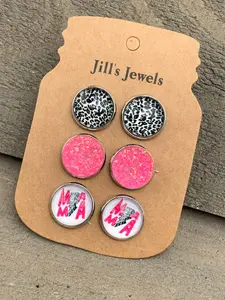 Mama lighting bolt leopard Faux Druzy Earring 3 Set
