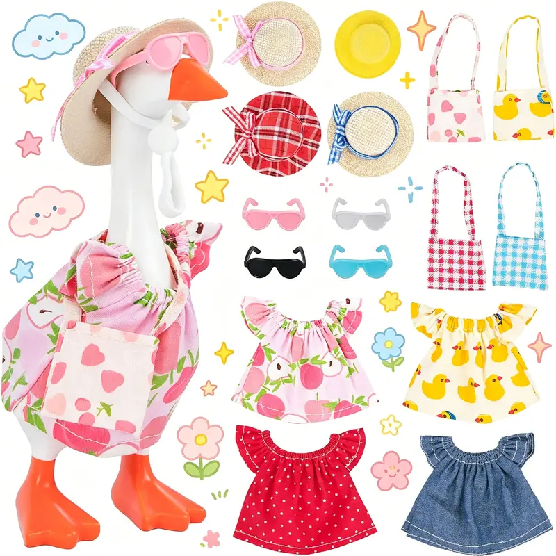 4-In Unisex Desk Goose Outfits Sets (4 Packs) - Cool Vibrant Summer Accessories with Felt Hats, Sunglasses, Mini Bags, Cute T-Shirts for Desk Goose & Its Friends (Toys & Hobbies DIY Felt Crafts)
