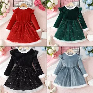 Ready Stock 4-7Y Girls' Christmas Red Velvet Ruffle Long Sleeve Dress with Star Sequins Tulle Skirt SHM332