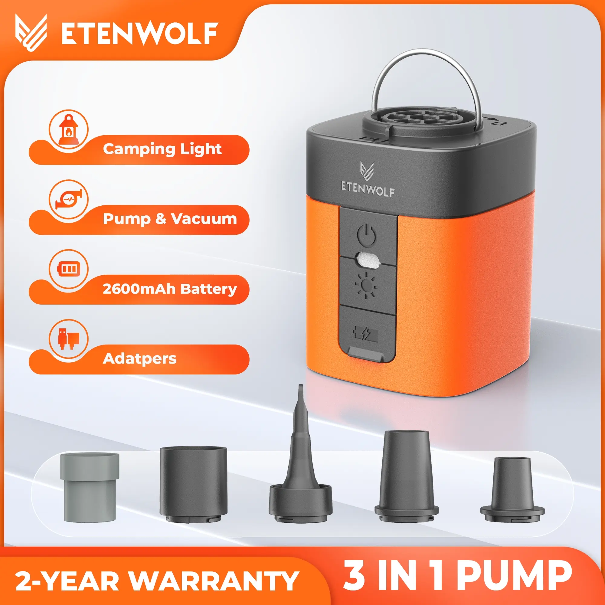ETENWOLF AIR3 Portable Rechargeable Mini Electric Air Pump with Battery, 360L/min Fast Inflate-Deflate, 600-Lumen LED Lights, Camping Accessories, Travel Accessory, Outdoor Gadgets for Low-Pressure Inflatables
