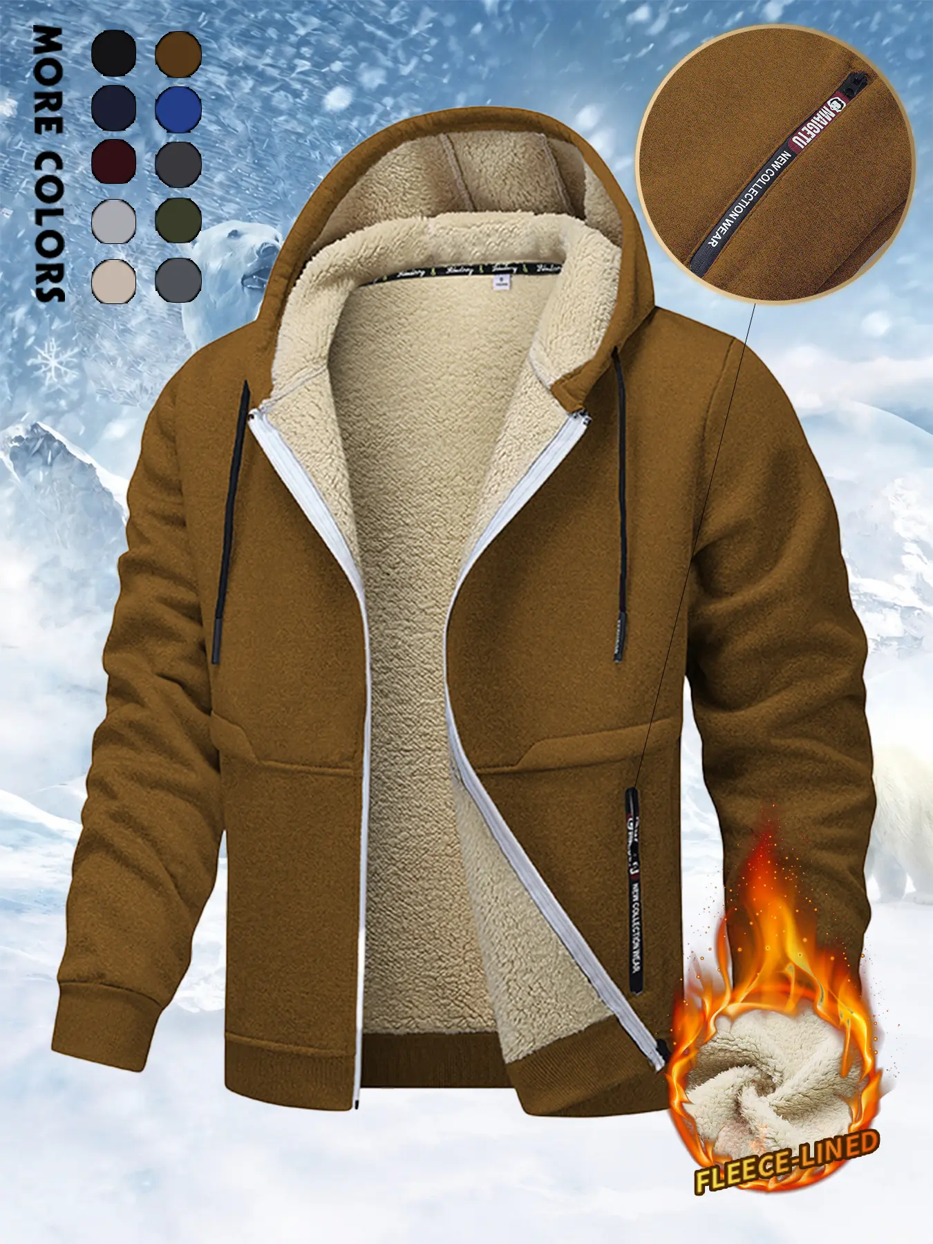Men's Plain Hooded Full-Zipper Fleece Coats, Long Sleeve Menswear with Thick Lining, Drawstring Hood, Side Pockets, Loose Fit - Ideal for Autumn Winter Outdoor Wind Protection, Insulation,sohochic