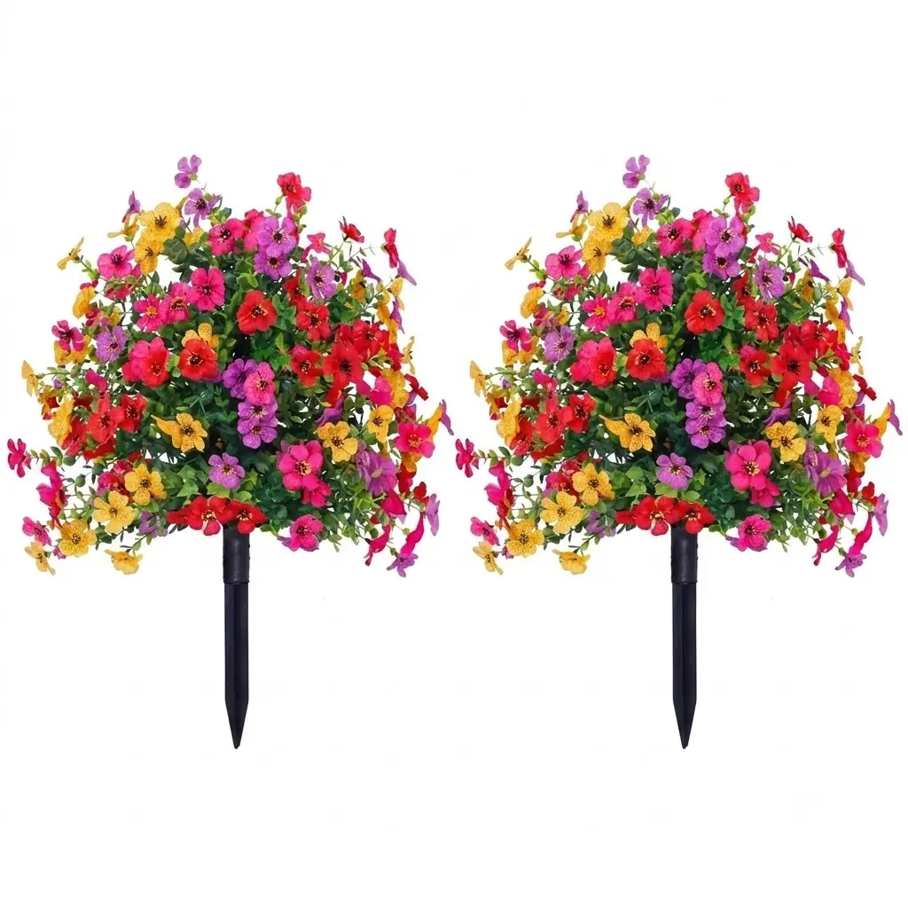Artificial Flower Garden Stakes - Colorful Faux Flower Bushes with Ground Spikes for Outdoor Spaces, Patio, Spring-Summer Home Garden Decoration