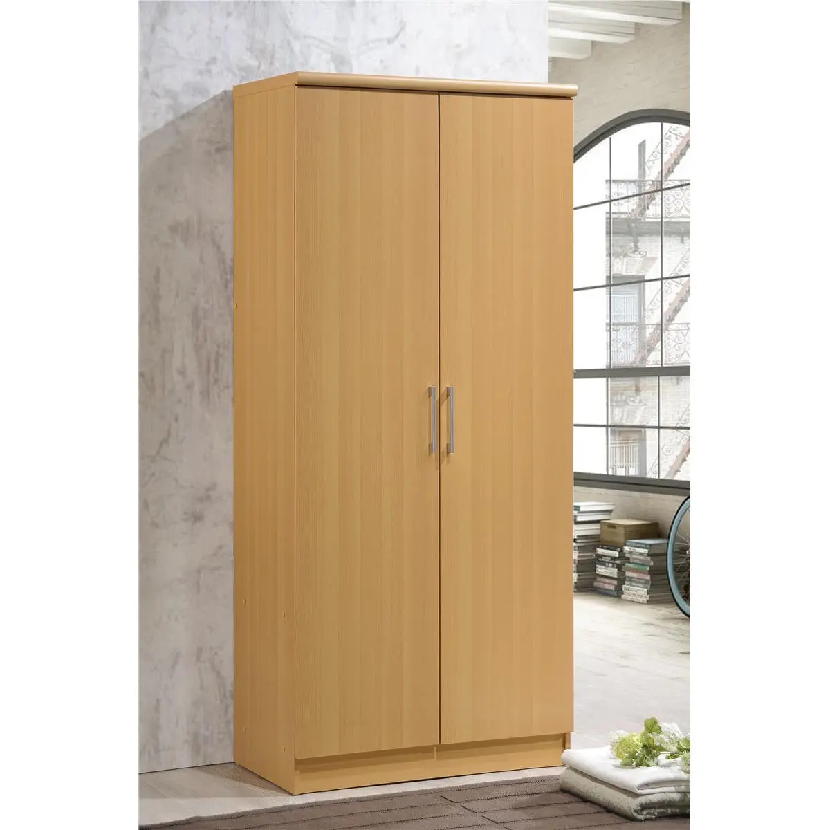 212 MAIN 2-Door Mirror-Door Beech-Finish Indoor Wardrobe, Multi-Functional Furniture Cupboard & Cabinet for Home Spaces, Two Doors
