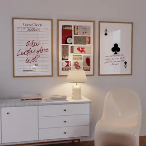 Minimalist Black & Red Poster Set: Vintage Matchbox, Guest Check, Playing Card