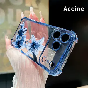 Protective Four Corners Plated Clear Phone case for iPhone 17 Pro Max 16 15 Plus Air 14 13 12 11 E Blue Lily Grace Patterned Shockproof Transparent Soft Silicone Cover
