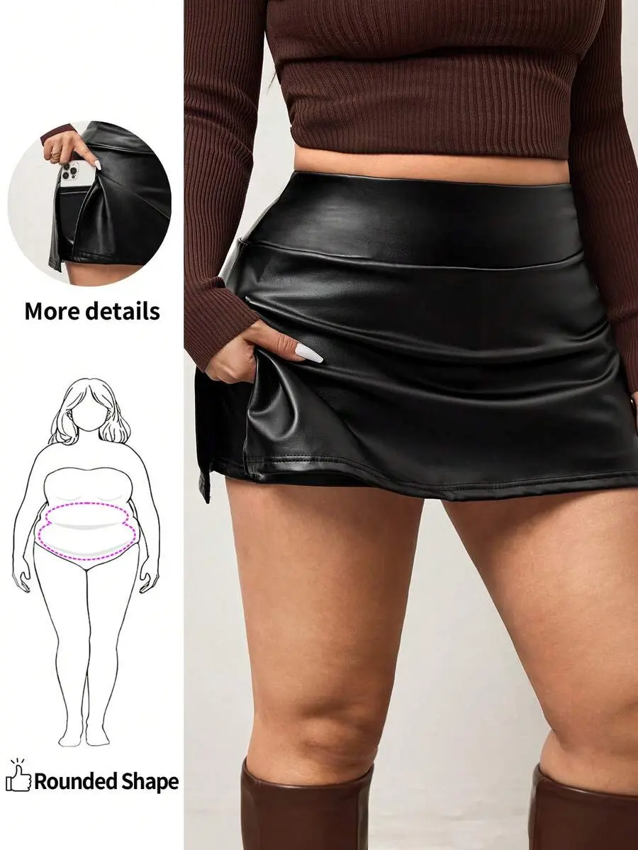 LUNA LAYER Plus Size Womens Black PU Leather High Waisted Skort Shorts With Pockets