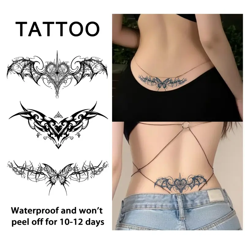 Gothic Butterfly Waist Belly Scar Cover Temporary Tattoo Sticker, Painless Tattoos, Waterproof Long-Lasting 7-15 Days, Semi-Permanent Herbal Fake Tattoo, Temporary Tattoos Stickers