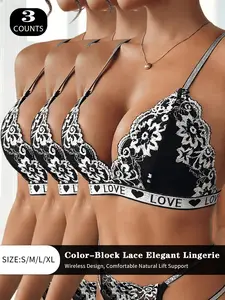 3pcs Comfortable Elegant Lace Embroidery Lingerie Set Sporty Letter Band Patchwork Bralette & Panty Breathable Skin-Friendly Everyday Underwear