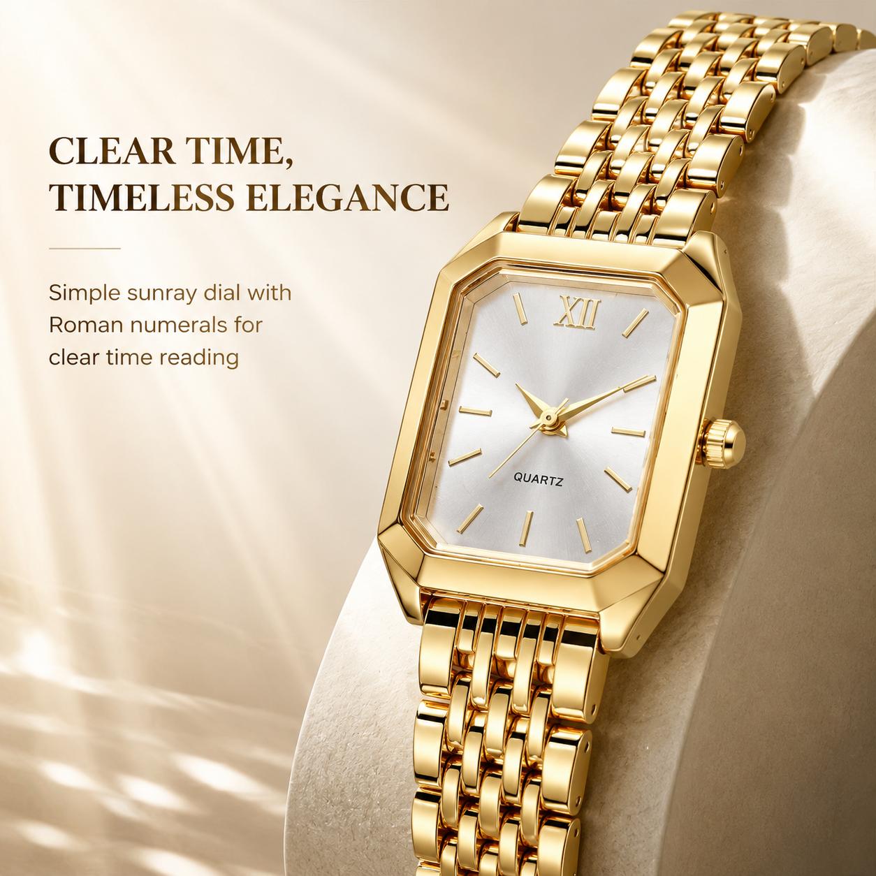 Luxury Ladies Fashion Quartz Watch Simple Scale Square Quality Gold Plated Women Watches Business, Gift Box & Adjuster & Gift for Her | Women's Lightweight Square Quartz Watch - Gold Analog, Elegant Vintage, Small Stainless Steel Bracelet Wristwatch, Girl