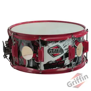 GRIFFIN Snare Drum Birch Wood Shell 14 X 6.5 Inch | Oversize 2.5" Large Vents & Custom Graphic Wrap (Limited Edition) | Red Hardware & Marching Drummers Key for Students & Pros | 8 Metal Tuning Lugs