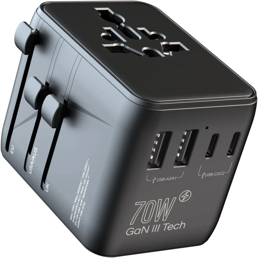 70W Travel Adapter - 100-240V/50-60Hz, 100V-250V, 2000W/800W Universal International Plug, 1 AC Outlet, 2 Type-A, 3 Type-C for EU UK Spain Ireland Home Improvement Electrical Socket Accessory