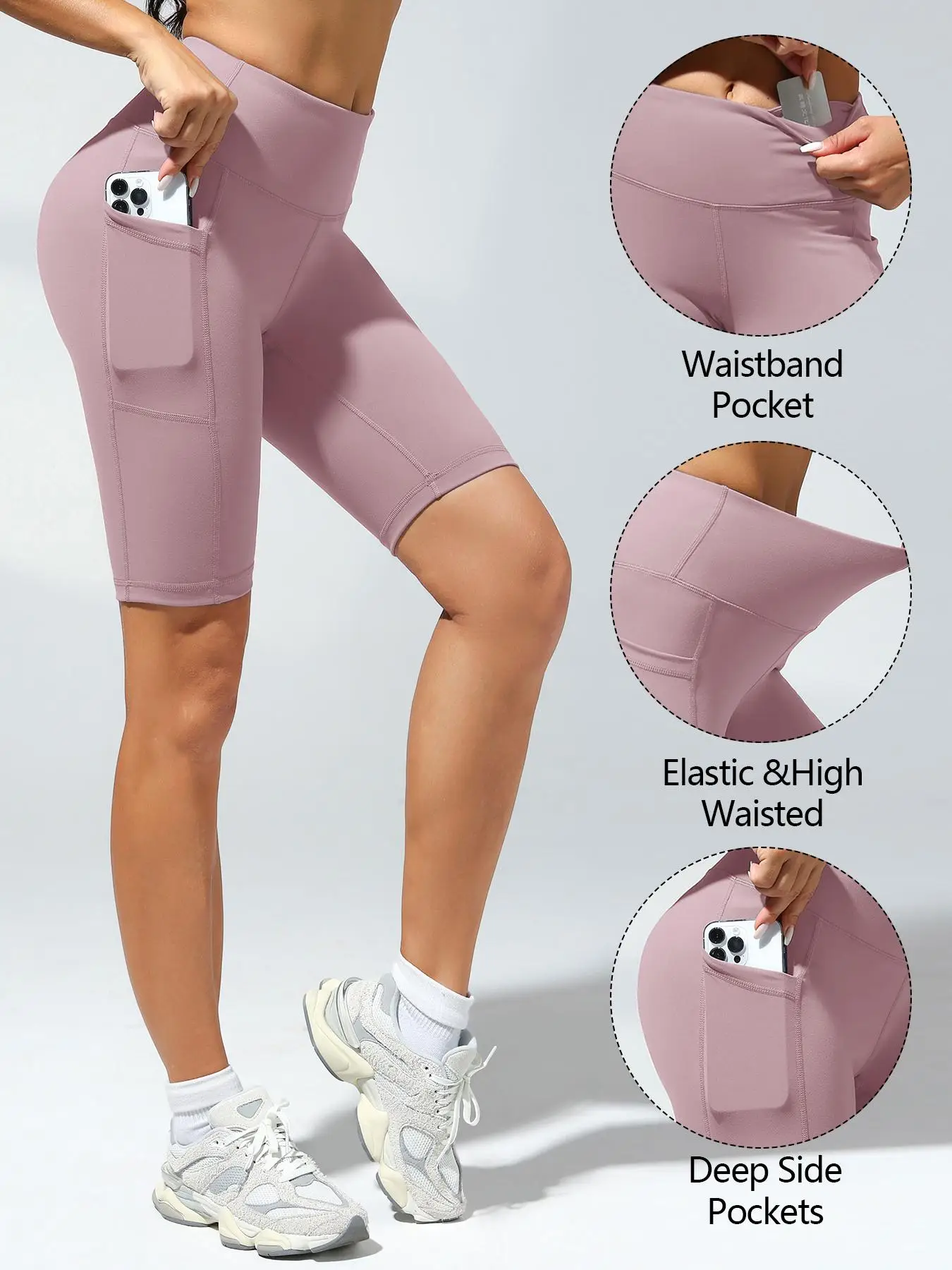 Women's Plain High Waist Pocket Sports Shorts, Solid Cycling Shorts with Phone Pockets, Summer Clothes Women, High Stretch Skinny Biker Shorts, Quick