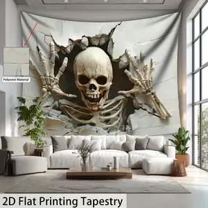 [ 2D Flat Printing] 1pc- Ultra large size- Halloween Skeleton Hole Wall - HD Digital Printing Huge Tapestry- Polyester- Home Decoration- with Free Hanging Clips