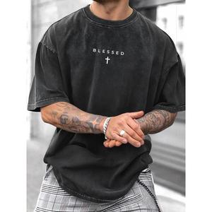 Men's Cross & Letter Print Round Neck Tee, Breathable Casual Street Short Sleeve Retro Washed T-shirt for Summer, Men's Top for Daily Wear