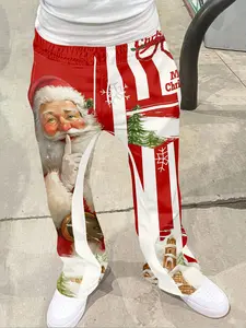 Men's Loose Fit Christmas Santa Print Pants, Casual Sporty Streetwear, Geometric Pattern, All Seasons, Fitted Style