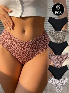 6-Pack Seamless Women's Panties - Ice-Silk Feel (Nylon/Spandex), Breathable, Multiple Animal Prints & Black - All-Day Comfort Fashion for Yoga & Gym