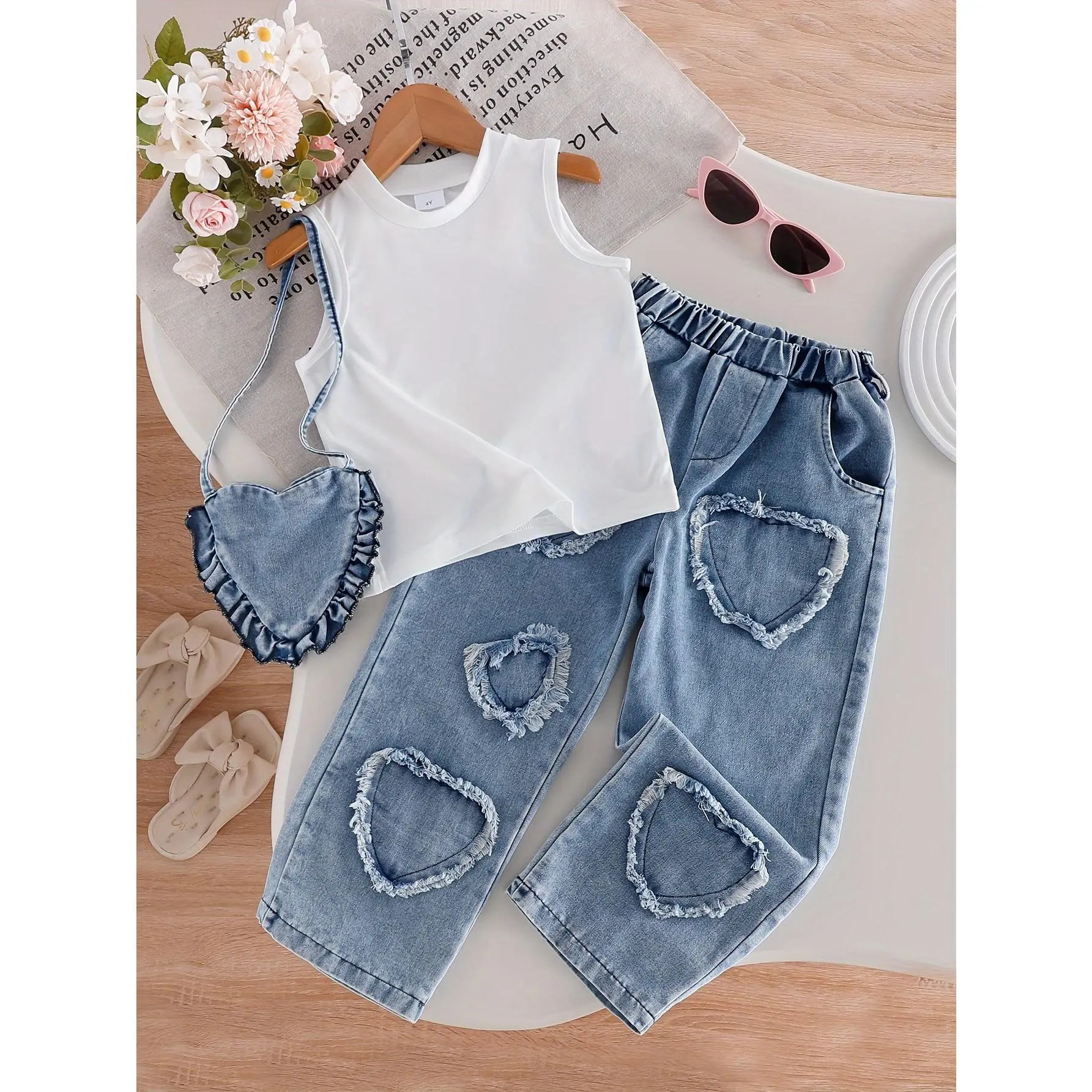 Toddler Little Girl 4-8 Years 3 Piece Summer Clothes Set, Cute Heart Frayed Denim Pants, Solid Sleeveless Tank Top & Matching Denim Bag Casual Daily Outfit