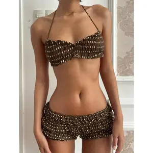 Two-piece Set Women's Polka Dot Print Bikini Set, Casual Fashion Chic Swim Top & Swim Shorts Two-piece Swimsuit for Summer, Ladies Swimwear for Beach Holiday Vacation, Ruched Swim Bottom