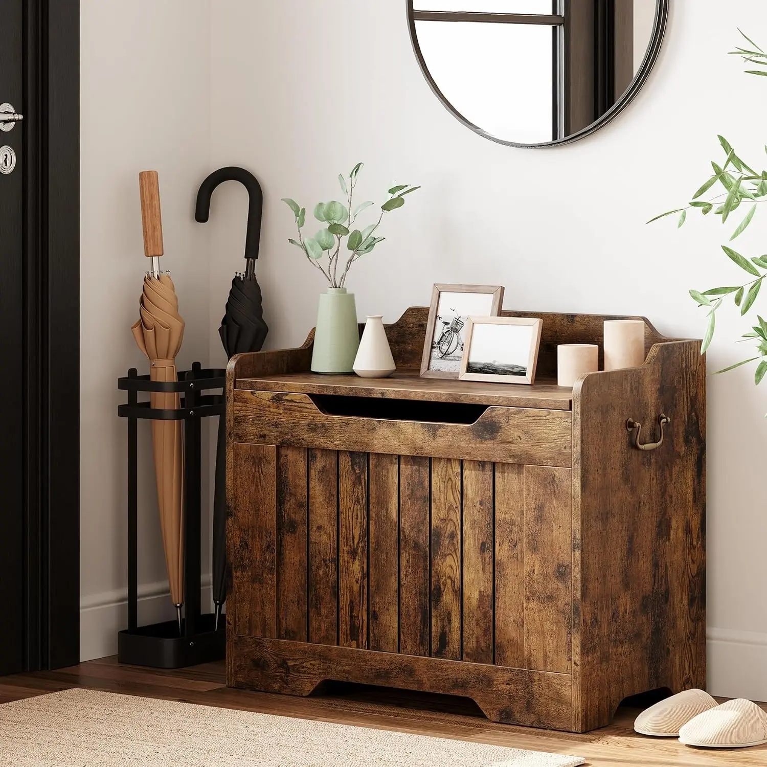 Rustic Brown 24.8in Wooden Storage Chest Bench with Safety Hinge, Retro Blanket Trunk for Entryway, Living Room, Supports 350 lb