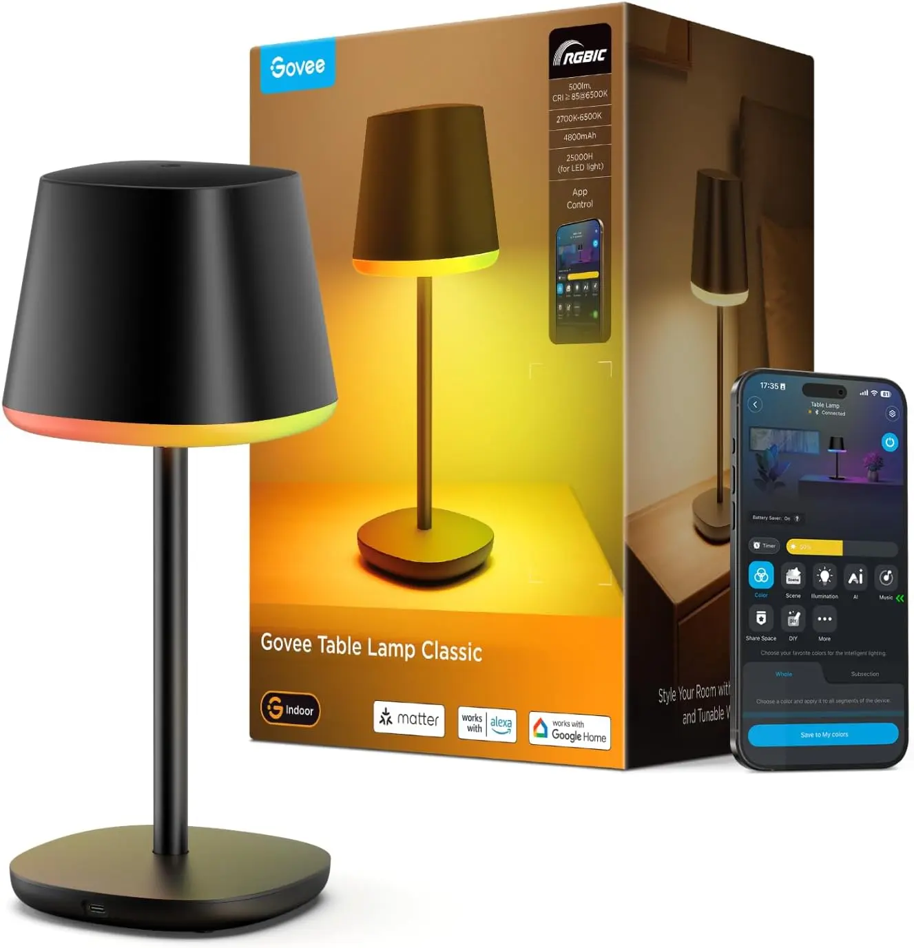 Govee Smart Cordless Table Lamp Classic (No Adapter), RGBIC Desk Lamp |   Rechargeable Table Lamp for Living Room, Portable Lamp Works with Matter, Bedside Lamp for Nightlight, 72 Scenes Modes, 500lm