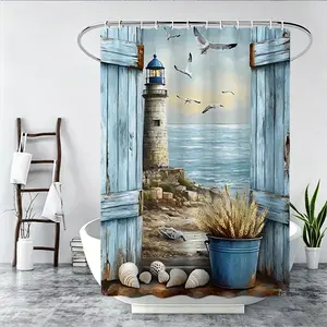 1/4 piece 2D flat printed lighthouse wooden board design shower curtain set, waterproof polyester fiber, including toilet cover and anti slip carpet, U-shaped pad, optional single shower curtain, essential for home decoration