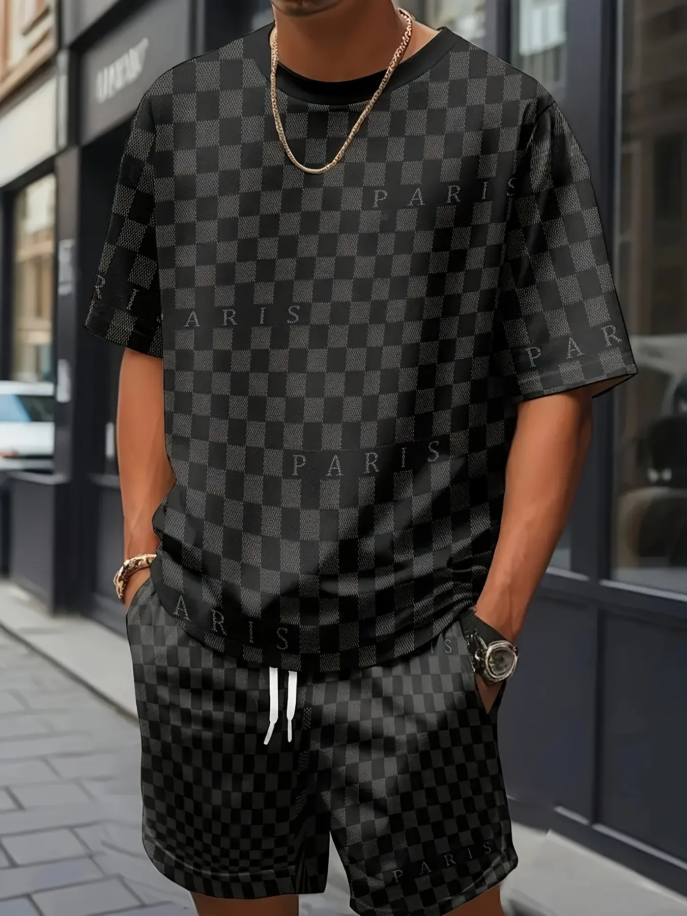 Summer Men's Luxury Menswear Checkered Print Paris Letter Short Sleeve Checked Matching Set, Sporty Breathable Comfort Fabric Sport Casual T-Shirt and Shorts Two-Piece Set