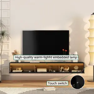 [SOIYELIFE] Floating TV Stand, Wall Mounted TV Shelf with Led Lights & Power Outlet,High Gloss TV Cabinet for Black tv Stands for Living Room,Unique furniture media  console
