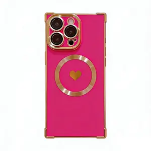 Magnetic Square Edge Shockproof Phone Case with Lens Protector Heart Design, Minimalist Style for iPhone 17 Pro max, 16plus, 15, 14, 13 junk