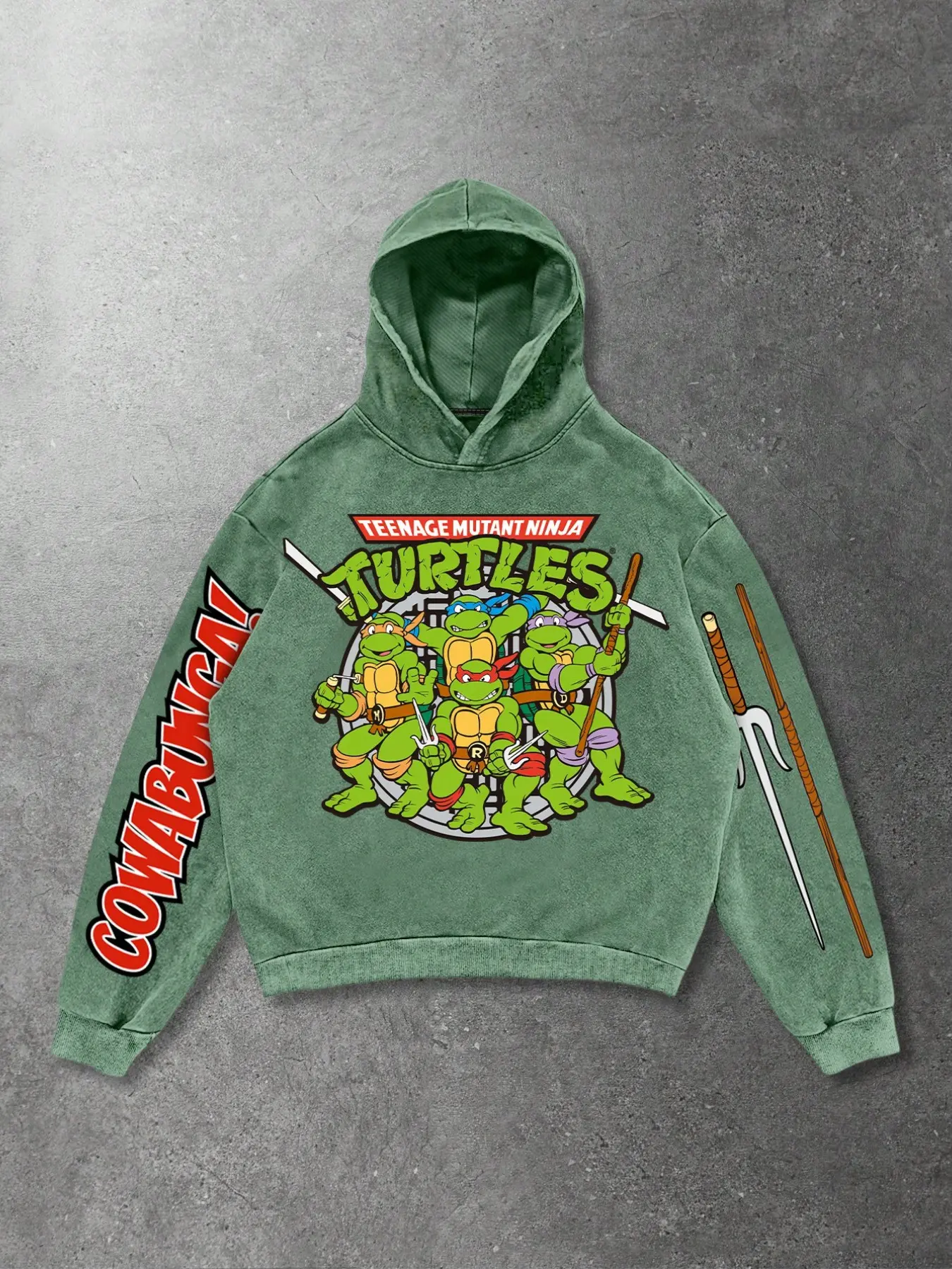 Ninja Turtle Washed Hoodie, Vintage Wash, Bold Graphic, Spiritual Streetwear, Retro Trend, Casual Loose-Fitting Long Sweatshirt, Garment