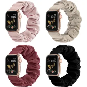 *WBA-056-LYZ Compatible for Apple Watch Band Scrunchie 38mm 40mm 41mm 42mm 44mm 45mm 46mm Cute Printed Elastic Solo Loop Bands Women Bracelet Strap for iWatch Series 10 9 8 7 6 5 4 3 2 1 SE, 4 Packs