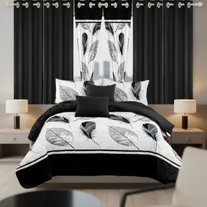 Black & White Feather Print Luxury Bedspread Set | Complete 9-Piece Collection with Curtains | Hotel-Grade, Machine Washable & Breathable | Ultra-Soft All-Season Comfort for Queen, King Sizes | #BedroomElegance #ModernBedroom