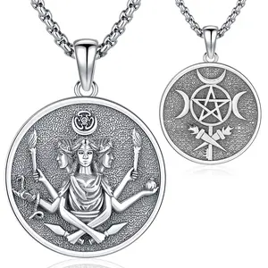 ANIU S925 Sterling Silver Hecate Necklace Pendant Triple Goddess Magic Hekate Ancient Greek Mythology Witchcraft Moon Amulet Pendant Jewelry Gifts for Women Men