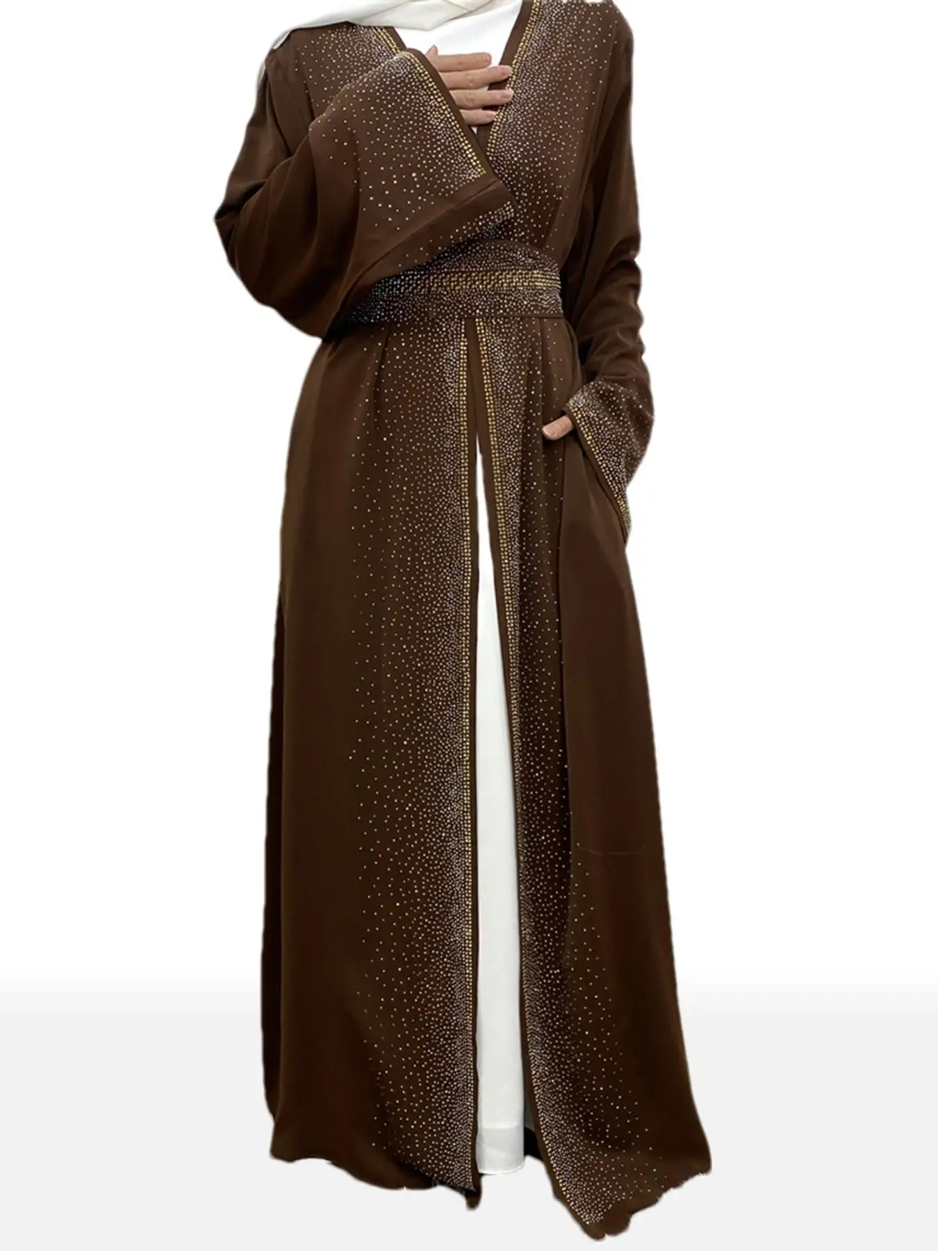 Women's Rhinestones Decor Abaya with Belt, Modest Casual Long Sleeve Open Front Abaya for Daily Wear, Ladies Islamic Clothing for All Seasons