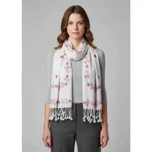 White and Pink Floral Embroidered Vintage Shawl Scarf Wrap with Fringe
