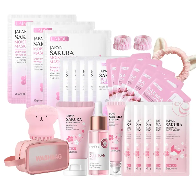 Japan Sakura Skin Care Set, Skincare Kit Sakura Teen Girls Gifts Korean Skin Care Kit, Face Cream,Serum, Eye Serum , Sleeping ,Masks , Clay Masks Moisturizing Masks for Women Teen Girls Mom Daughter Mother's Day Christmas Birthday with Bunny Headban 25PCS