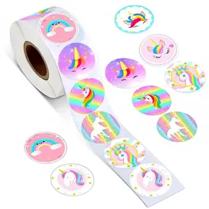 Cartoon Unicorn Pattern Sticker (500pcs/roll), Round Self Adhesive Decor Paper, Cute Sticker for Gift Greeting Card Water Bottle Laptop Phone